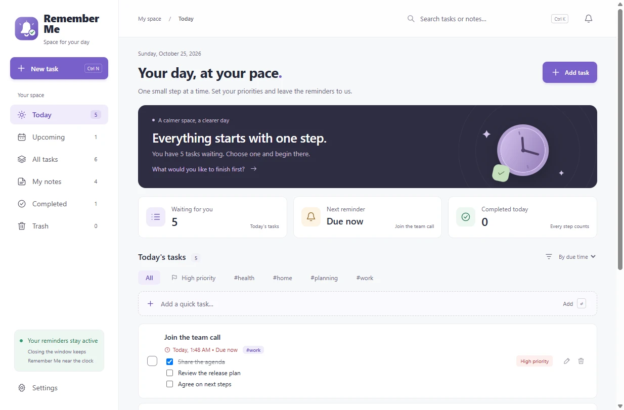 The Remember Me main window: today's tasks with tag filters, a checklist and the next reminder.